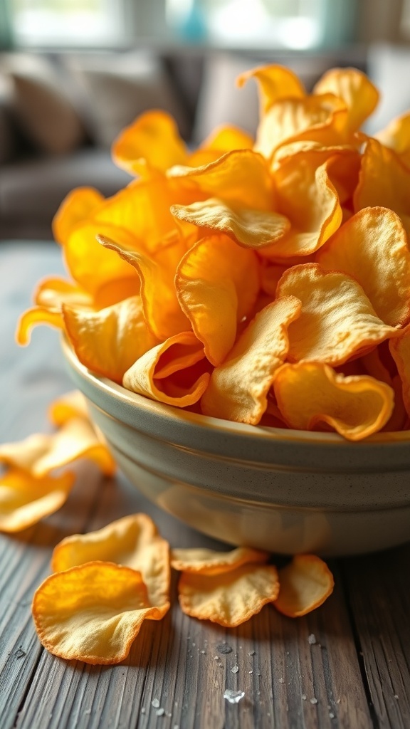 A bowl of crispy potato chips on a rustic table, with a few scattered chips around.